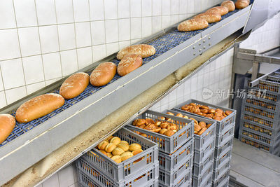 大型面包店的工人-生产线上烘焙产品的工业生产-工作场所的男女团队合作